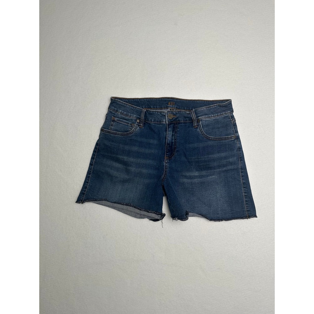 Kut from the Kloth Women 12 Blue Denim Cutoff Shorts Raw Hem Stretch Mid Rise